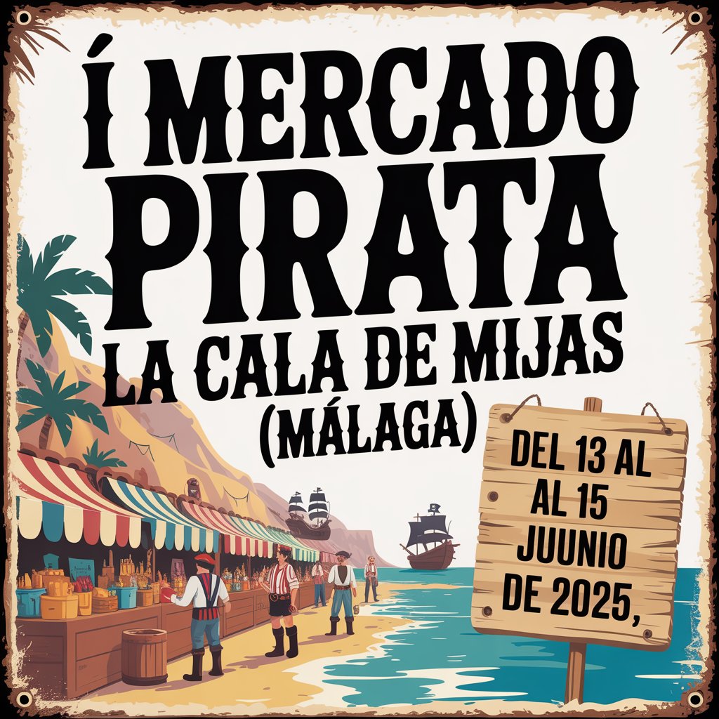 Ilustración de un cartel de estilo antiguo, en el centro del cartel hay un texto grande que dice "I Mercado Pirata La Cala de Mijas (Málaga)" y debajo un cartel con el siguiente texto «Del 13 al 15 de junio de 2025». Las letras del cartel deben ocupar todo el espacio. El fondo debe estar ambientado en el mundo pirata.
