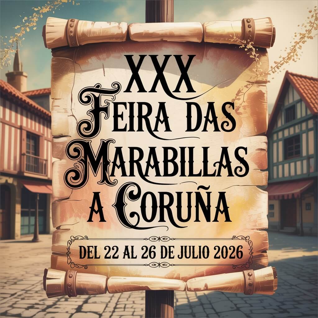 A vintage-style illustration depicting an antique poster advertising the "XXX Feira das Marabillas A Coruña", evoking the charm of a medieval advertisement. The ornate sign displaying the event’s name is the central focus, rendered in an elaborate, decorative font with subtle cracks and faded ink, set against a backdrop of aged parchment showing visible fibers. Beneath the title, the date "Del 22 al 26 de julio 2026" is elegantly presented in a smaller serif font, framed by a thin, decorative border, while the blurred background reveals a stylized medieval town square with cobblestone streets and half-timbered buildings bathed in warm, diffused sunlight. Subtle, golden dust motes float in the light, lending a nostalgic atmosphere to the scene and hinting at the festive nature of the event.